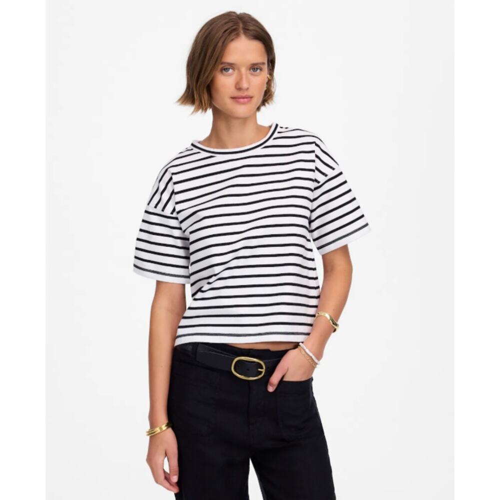 Madewell Everyday Boxy Crop Tee WMNS XS White Black Striped Heavyweight Jersey